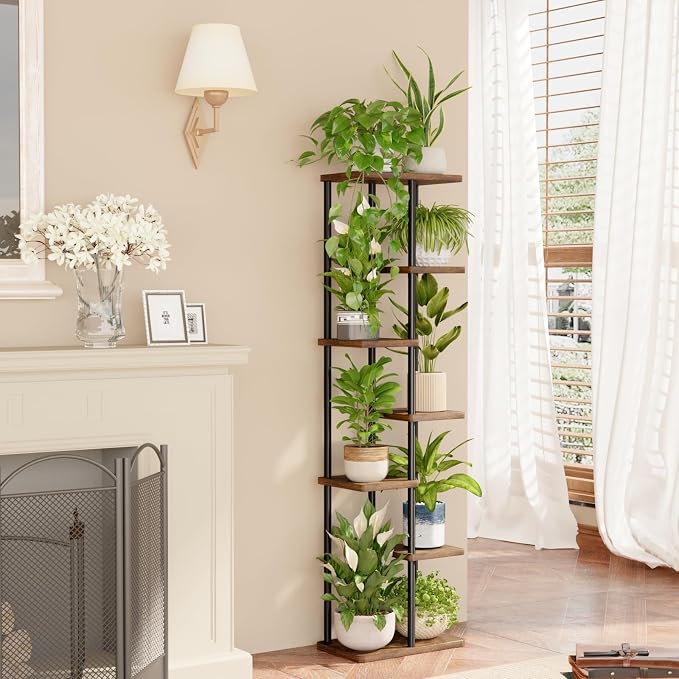 Bamworld Tall Plant Stand Indoor, 7 Tier Plant Shelf for Multiple Plants, Tiered Flower Pot Stands for Patio Garden Balcony Living Room Bedroom, Brown