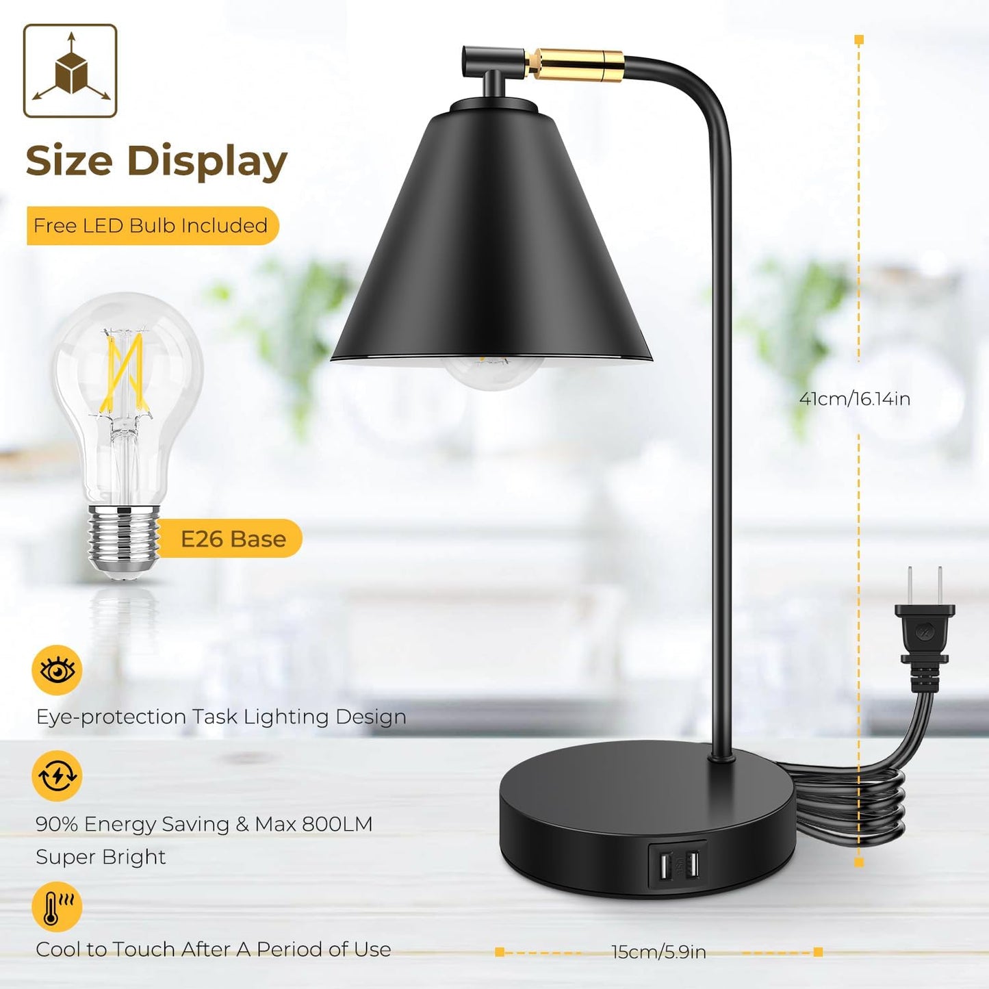 Skiennix Industrial Dimmable Desk Lamp - Touch Control with 2 USB Ports & AC Outlet | Black Metal Finish