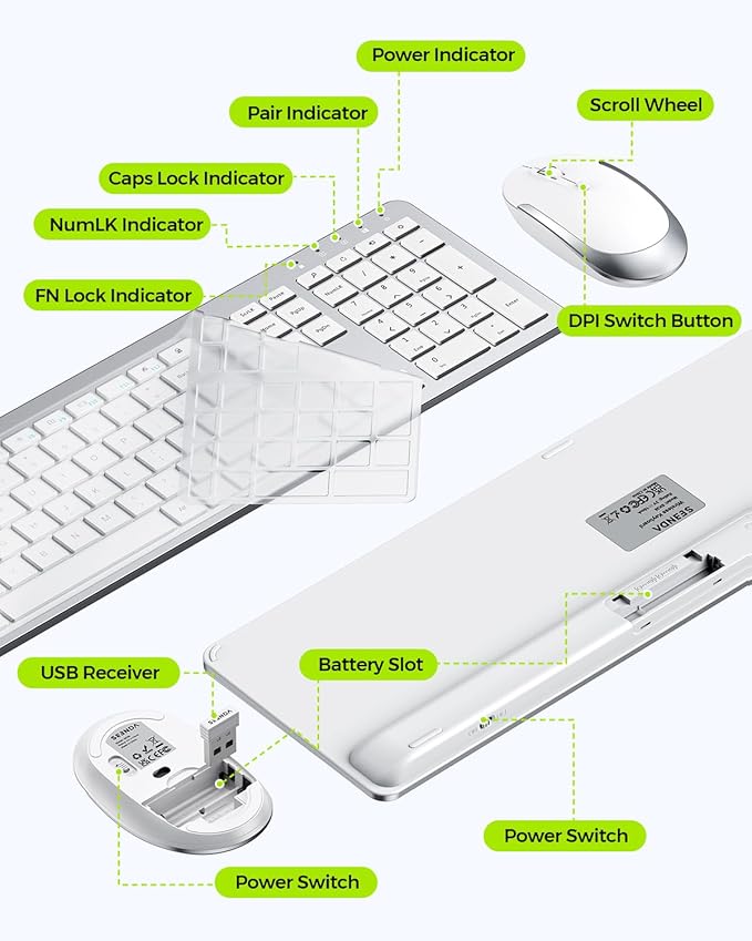 Wireless Keyboard and Mouse Combo - Full Size Slim Thin Wireless Keyboard Mouse with Numeric Keypad 2.4G Stable Connection Adjustable DPI (White & Silver)