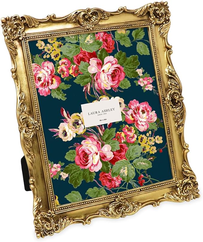 Laura Ashley 8x10 Gold Ornate Textured Hand-Crafted Resin Picture Frame with Easel & Hook for Tabletop & Wall Display, Decorative Floral Design Home Decor, Photo Gallery, Art, More (8x10, Gold)