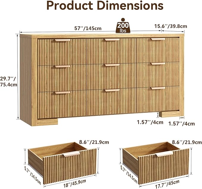 Fluted Dresser for Bedroom, 9 Drawer Dresser with Gold Handle, 57" Wide Chest of Drawers, Modern Wood Dressers Organizer for Bedroom, Liveroom, Entryway, Natural Oak