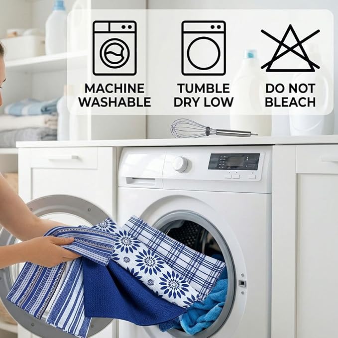 WeWove Assorted Kitchen Towels Set of 5-100% Cotton Dish Cloths Towels with Hanging Loop - Soft Absorbent Washable Reusable for Kitchen Use - Quick Drying 16x26 inch Dish Towels Blue