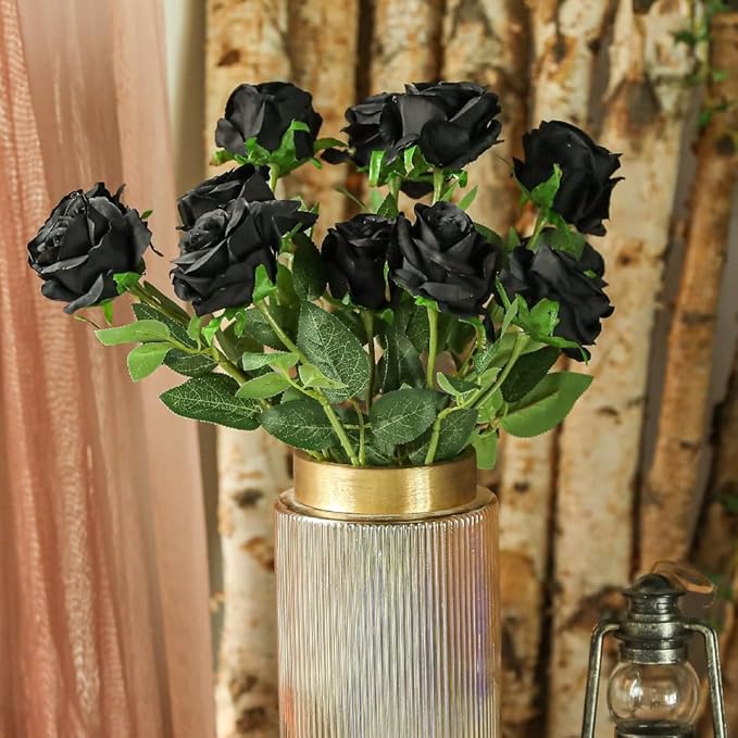 Kisflower 12PCS Black Roses Artificial Flowers Fake Roses Glitter, Silk Roses with Stems Realistic for Halloween Decorations Wedding Party Office Home Decor (Black)