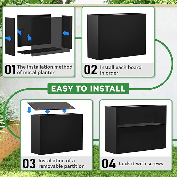 Metal Planter, 36L x 12W x 26H, Heavy Duty Tall Planters for Outdoor Plants, Black Planters with Removable Insert Shelf, Large Planters with Drainage Holes for Porch, Patio and Yard, Black
