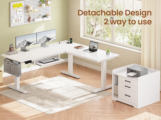 SEDETA L Shaped Electric Standing Desk with File Cabinet, 63 x 53'' Height Adjustable Home Office Computer Desk with Drawers, Power Outlet, Stand up Gaming Table with Led Lights, Keyboard Tray, White