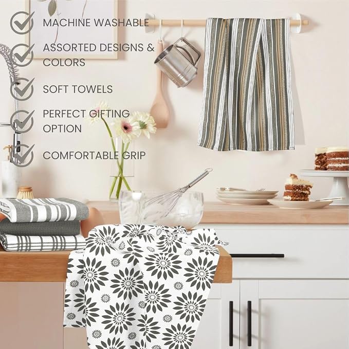 Assorted Kitchen Towels Large 16x26 inches 100% Cotton Set of 5 - Soft Absorbent Tea Towel for Kitchen - Quick Drying Dish Towels - Dish Cloths with Hanging Loop - Grey