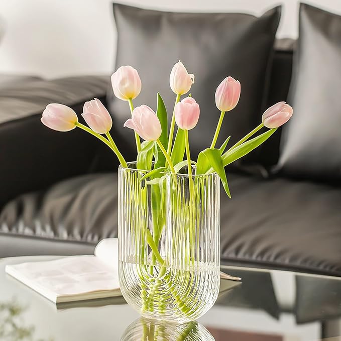 Clear Ribbed Glass Flower Vase, 7" H Modern Small Vase, Ellipse U Shaped Fluted Striped Decorative Vase, Fit for Home Living Room Table Decor (Open:5.11" x 2.36")