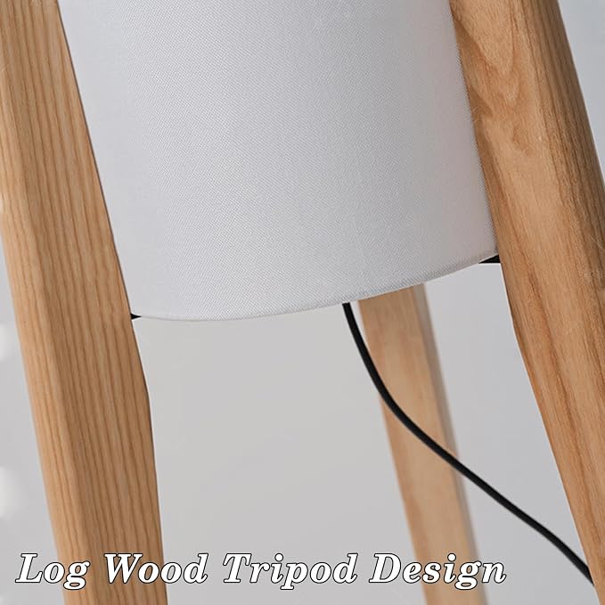 MIXL-Tripod Wooden Tall Floor Lamp,Fabric Drum Shade Corner Standing Lamp,Farmhouse Style Floor Light for Nursery and Study Room