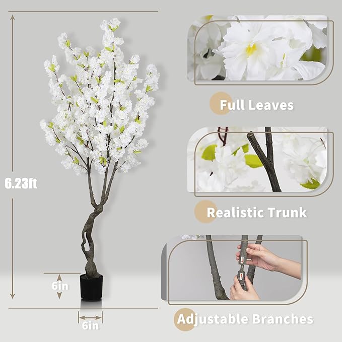 6.23ft Tall White Artificial Cherry Blossom Trees, Realistic Flower Faux Silk Leaves Plant, Fake Cherry Blossom Tree for Home Office Indoor Outdoor Party Wedding Christmas Decor