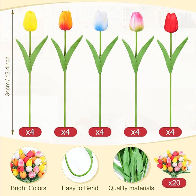 20pcs Color Artificial Tulips Flowers for Real Touch Tulips Fake Flowers for Smumer Wedding Bouquet Mother's Day Decor (5 Color 14 Inches)
