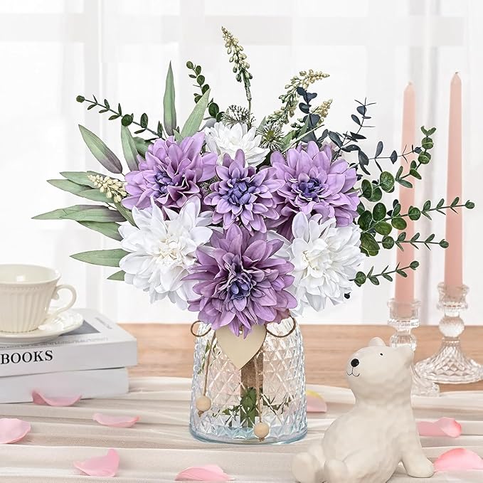 MARTINE MALL Fake Flowers in Vase with Lights, Faux Flowers in Vase, Dahlia Artificial Flowers in Vase Centerpiece Table Decorations Artificial Flower Arrangement for Home Dining Room Farmhouse