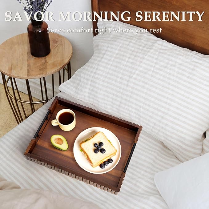 Acacia Wood Decorative Serving Tray with Handles, 16.7" x 12.8" Large Wooden Ottoman Tray for Living Room, Coffee Table Tray Decor for Food, Dinner, Tea or Breakfast in Bed (Walnut)