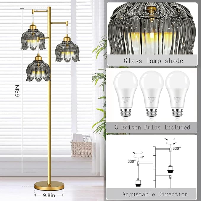 ILLMTW Glass Floor Lamp for Living Room,Bedroom,Gold Mid Century Modern Standing Lamp Brass Tree 3 Light Tall Floor Lamps Vintage Retro Floor Lights Grey Flower Lamp Shade Farmhouse Boho Bohemian