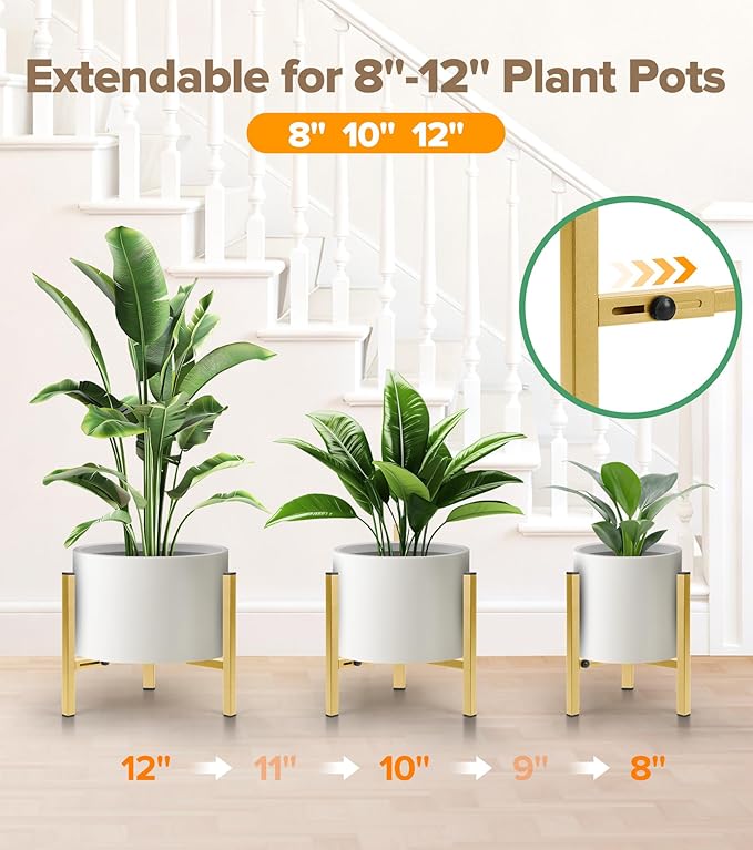 Plant Stand Indoor Adjustable, Metal Modern Indoor Plant Stand, Heavy Duty Plant Stands Outdoor Corner, Stable Plant Holder, Fits 8 to 12 Inches Pots, Gold, 1 Pack, Pot & Plant Not Included