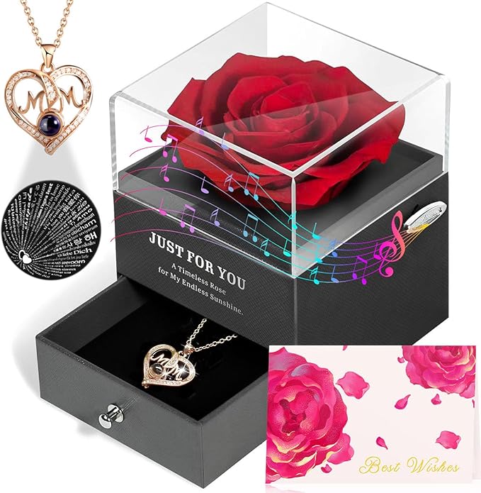 ADDWel Rose Gifts for Mom from Son Daughter - Real Preserved Rose with Mothers Day Necklace and Meaningful You are My Sunshine Music Box for Women, I Love You Mom Gifts for Birthday or Mother's Day