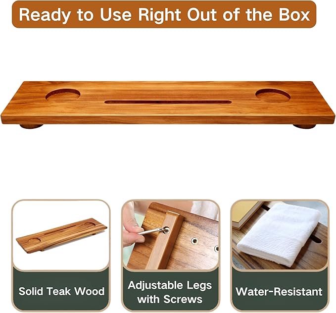 Teak Bathtub Tray for Tub, 40" Solid Teak Wood Bath Caddy Tray with Tablet & Wine Glass Holder, Water-Resistant Bath Tub Tray Wood for Spa Bathroom Accessories