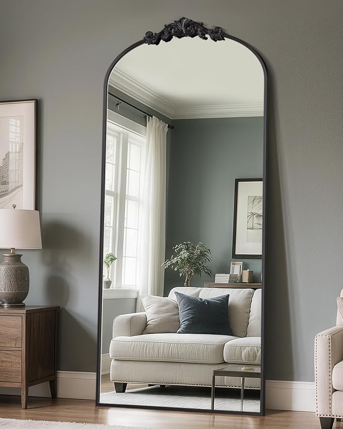 Antok Arched Full Length Mirror, 71"x32" Floor Mirror with Carved, Full Body Mirrors for HomeDecor, Standing/Halling Large Wall Mirror for Bedroom, Living Room, Cloakroom, Black, Retro Style
