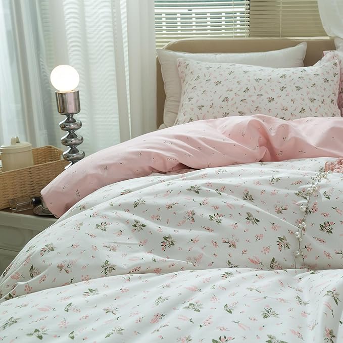 LifeTB Pink Floral Duvet Cover Queen Girls Cute Flower Pattern Duvet Cover 100% Cotton Vintage Country Bedding Cottagecore Comforter Cover with 2 Pillowcases Breathable Flower Bedding Set