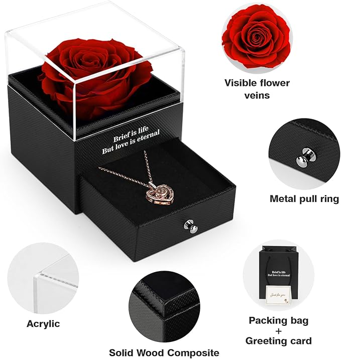Preserved Real Rose for Mom with I Love You Necklace in 100 Language Girlfriend, Eternal Real Rose Flower Gifts for Women Mom Wife on Mothers Day Birthday Anniversaries