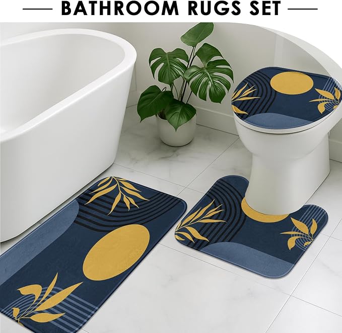 Boho Mid Century Shower Curtain Set with Toilet Lid Cover and Non-Slip Rugs, Abstract Geometric Dark Blue 4 Pcs Modern Minimalist Shower Curtain for Bathroom Set with 12 Hooks