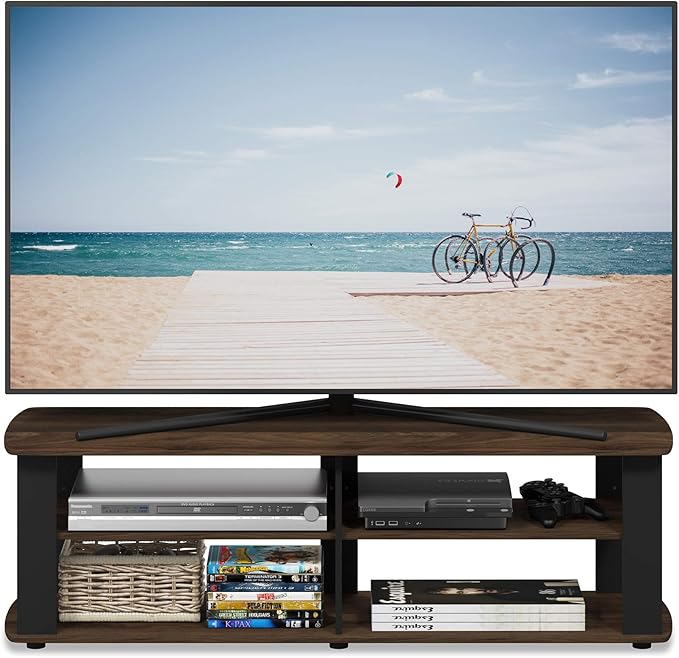 Furinno NELLY TV Stand, 3-Tier Entertainment Center with Open Shelves Storage, TV Console for TV up to 50 Inch, Soft Edges, for Living Room, Bedroom, Columbia Walnut