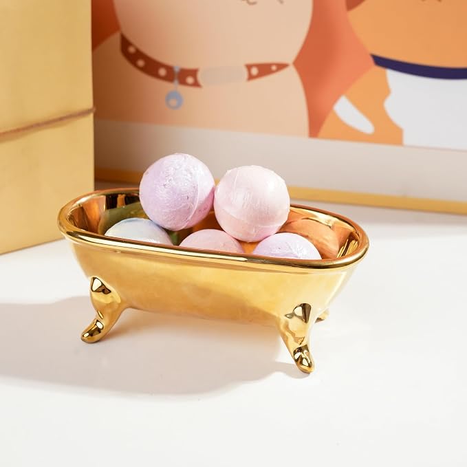 6.7" Ceramic Mini Clawfoot Bathtub Bar Soap Dish, Decorative Bar Soap Holder, Soap Tray Sponge Holder for Shower, Bathroom & Kitchen Sink (Gold)