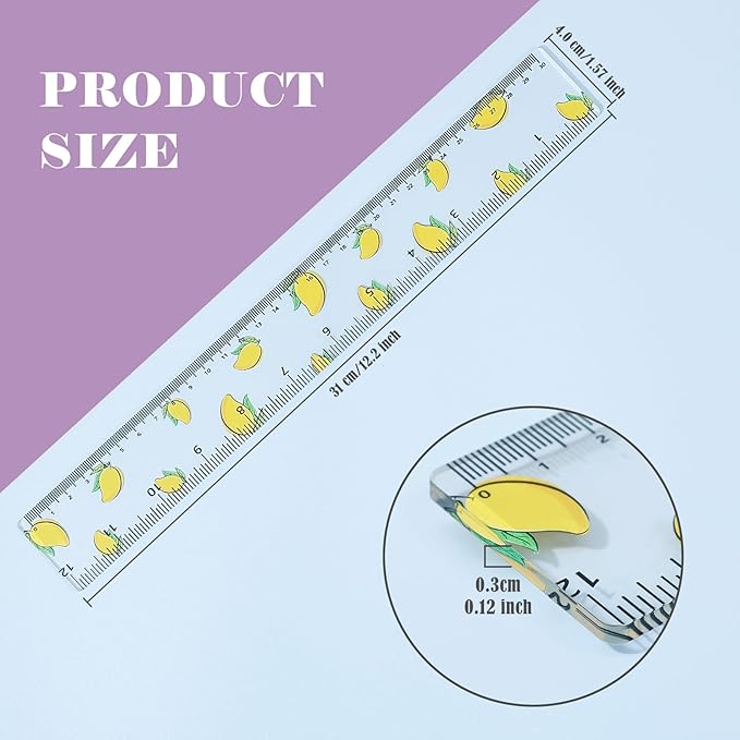 BAYTORY 4Pcs Transparent Acrylic Ruler 12 Inch, Clear Plastic Straight Rulers, Shatterproof Student Stationery Centimeters with Inches, for Classroom Essentials School Supplies (Fruit)