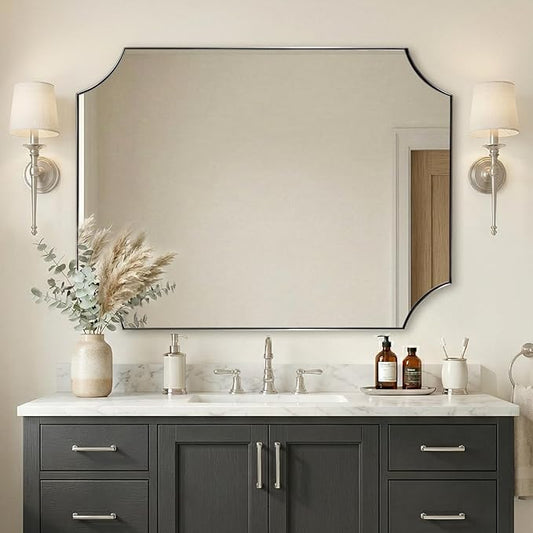 ANDY STAR 36"x48" Large Bathroom Mirror, Brushed Nickel Vanity Mirror, Modern Scalloped Wall Mirror in Anti-Rust Stainless Steel Thin Frame, Aesthetic Scalloped Corner Design, Ideal for Home Remodel