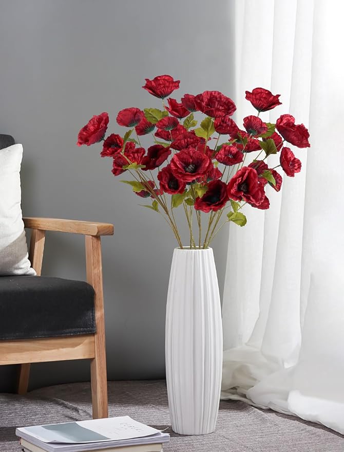 30 Heads 6 PCS Red Poppy Flowers Artificial Flowers Silk Flowers 32 in Poppy Flowers for Wedding Home Party Table Centerpiece Arrangement Decoration (Red)