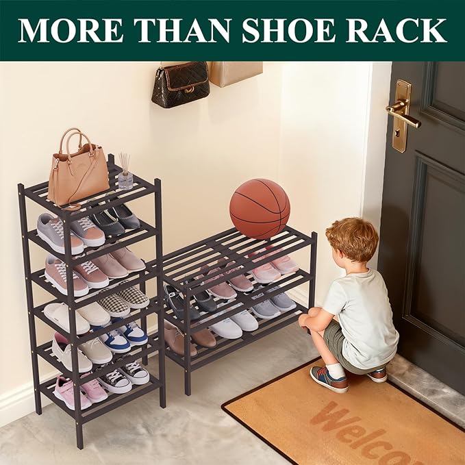 Smiry Bamboo Shoe Rack 6-Tier, Stackable Wooden Shoe Organizer for Entryway & Closet, Free Standing Wood Shoe Storage Shelf for Front Door & Small Spaces, Brown