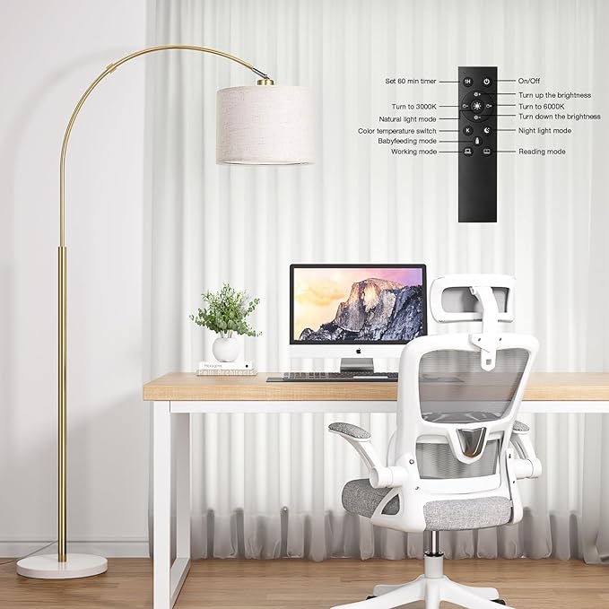 Ambimall Dimmable Arc Floor Lamp with Remote, Color Temperatures and Brightness Adjustable, Arched Floor Lamp with Rotating Head, Over Couch Arched Reading Light for Living Room (Marble Base)