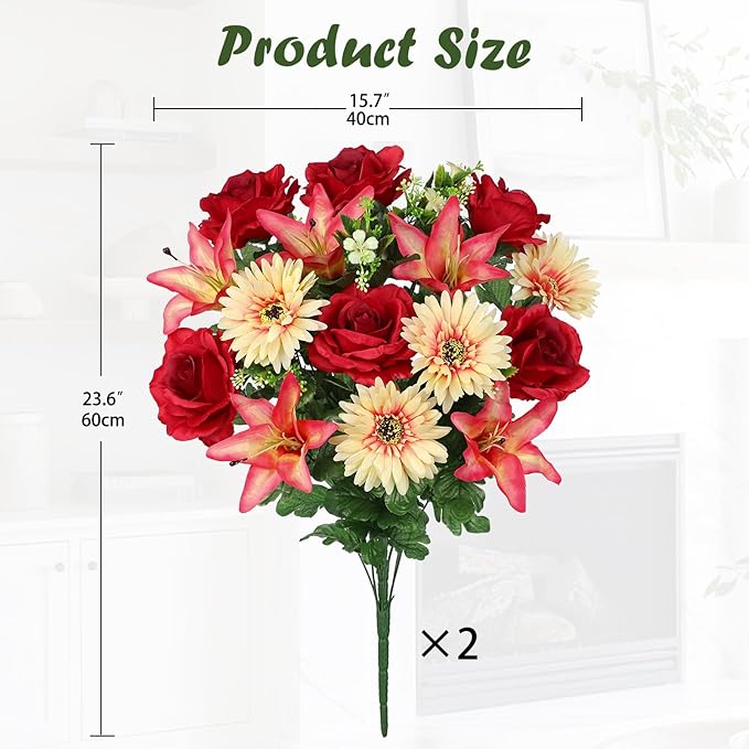 Hollyone Set of 2 Artificial Cemetery Flower for Graves Red Cemetery Memorial Flowers for Outdoor Grave Decorations Silk Flower Arrangements Rose Lily Gerbera Floral Flowers Bouquets