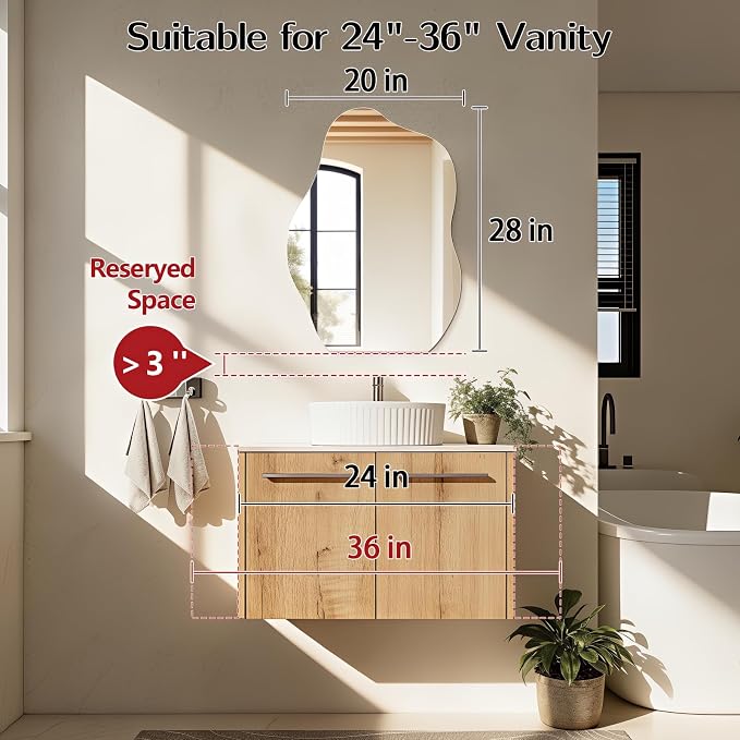 Niccy Irregular Mirror, 20"x28" Asymmetrical Bathroom Mirror, Decorative Modern Mirrors for Bathroom, Bedroom, Living Room, Entryway, Frameless Vanity Mirror, Unique Wall Mounted