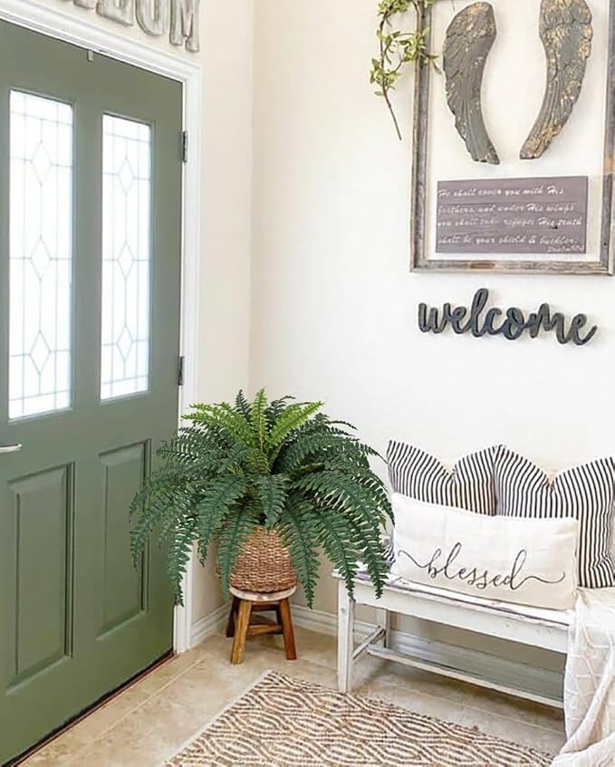 Hollyone Artificial Large Fern Boston Potted Plant for Outdoors & Indoor 25.5inch Faux Fake Fern Bush Plant in Pot for Patio Garden Farmhouse Windowsill Entrance Porch Office Living Room Home Decor