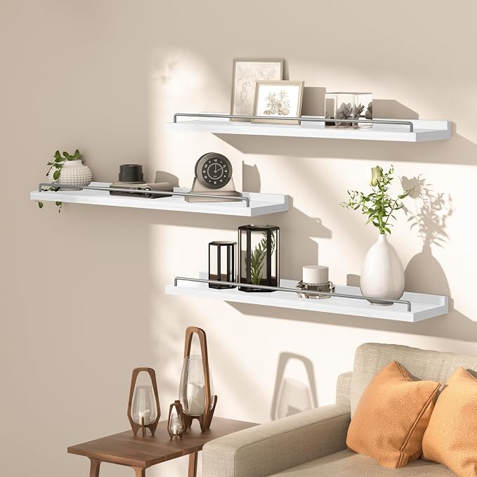 RYOFOBETTO 32 inches Long Floating Shelves, Bathroom Decor Shelves Over Toilet, Farmhouse Wall Shelves for Living Room, Bedroom, Picture Frames, Plants, Kitchen, Set of 3 (White and Grey)