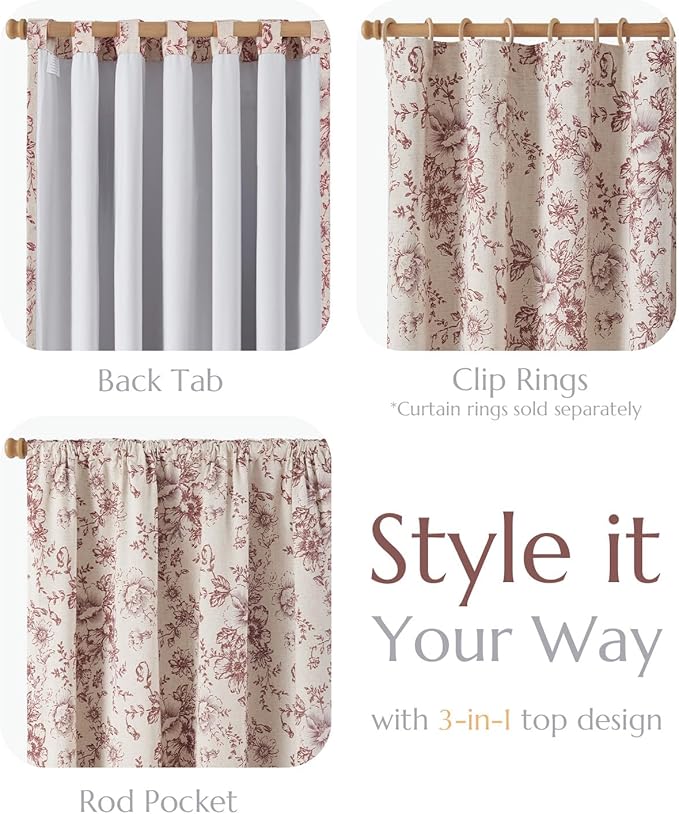 jinchan Blackout Floral Curtains Linen Blend Curtain for Living Room 90 Inch Length Christmas Brick Red Flower Printed Drapes for Bedroom Rod Pocket Back Tab Farmhouse Curtains Set 2 Panels
