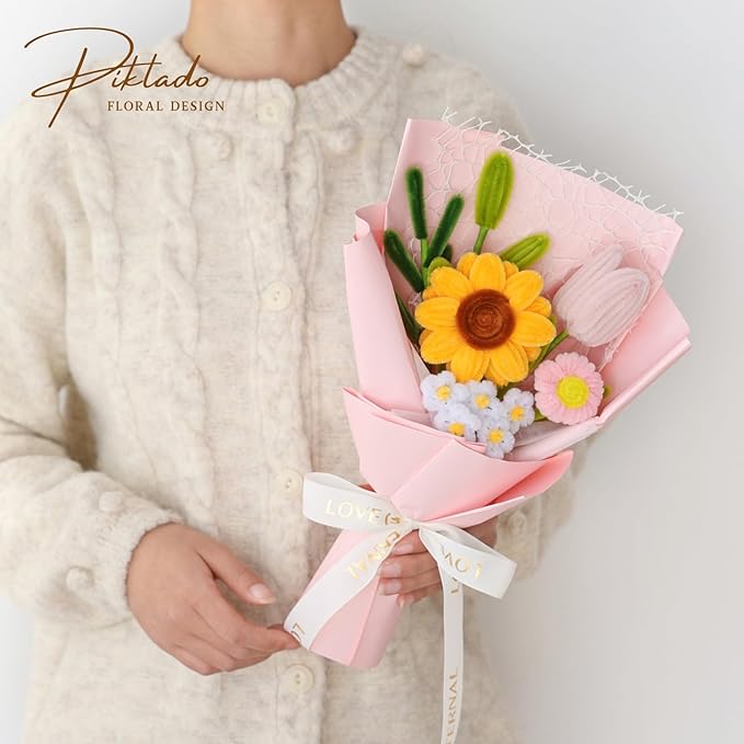 Hand-Woven Flower Bouquet Finished（1pcs） for Mother Girlfriend Birthday Gift Wedding Decoration Crochet Artificial Flower, Bouquet Gift (Sunflower Pink)
