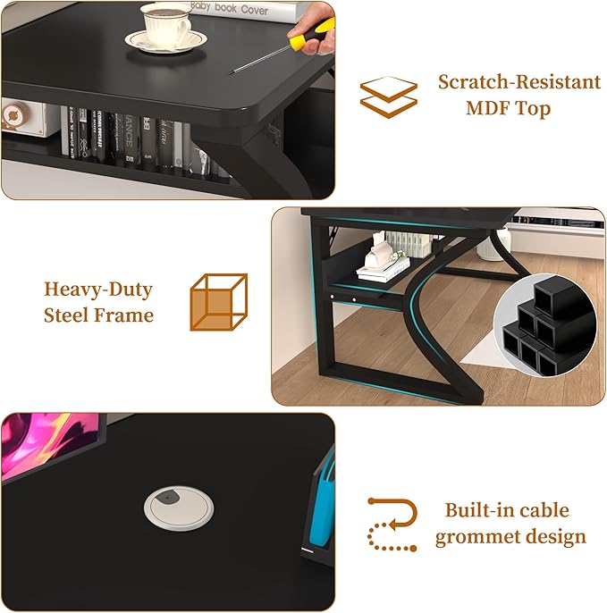 47 inch Computer Desk, Home Office Desk with Storage Shelf, Sturdy U-Shaped Metal Frame Study Table with Cable Management, Gaming Desk for Office & Bedroom (Black, 47 inch)