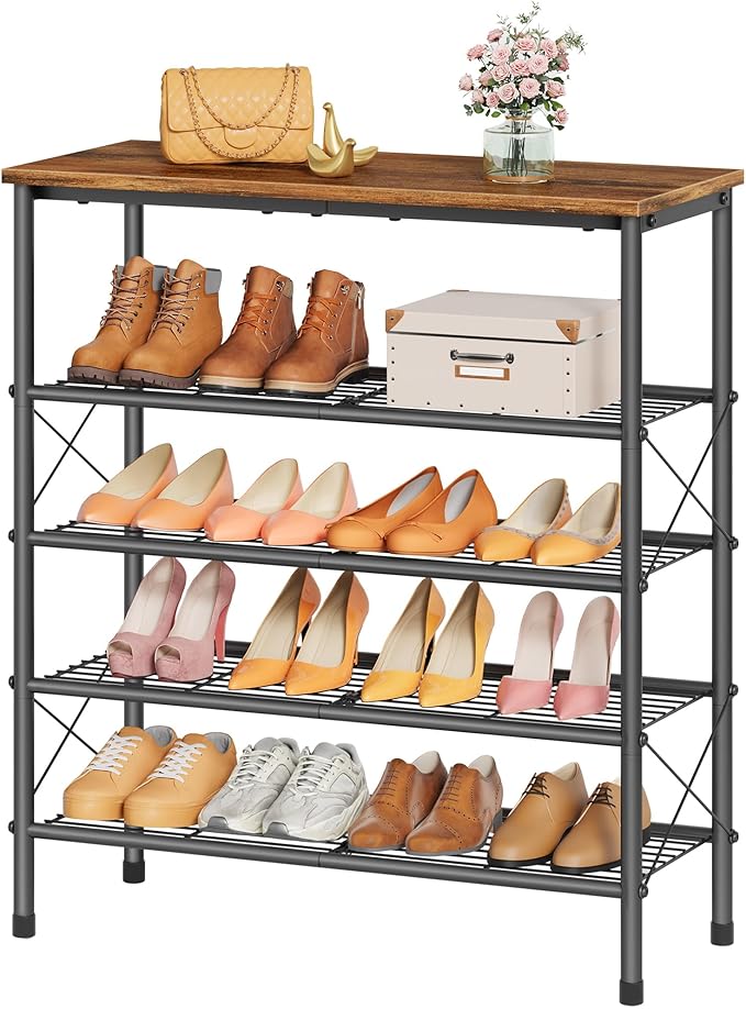 Tajsoon 5 Tier Shoe Rack Organizer for 16-20 Pairs of Shoes, Metal Mesh Shoe Shelf for Closet, Industrial Shoe Rack for Entryway Shoe Storage with X Shape Fixed Frame, Rustic Brown & Black