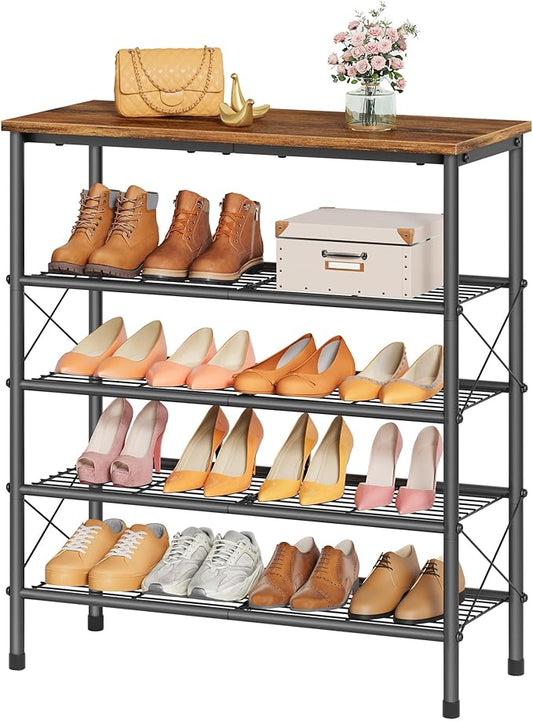 Tajsoon 5 Tier Shoe Rack Organizer for 16-20 Pairs of Shoes, Metal Mesh Shoe Shelf for Closet, Industrial Shoe Rack for Entryway Shoe Storage with X Shape Fixed Frame, Rustic Brown & Black