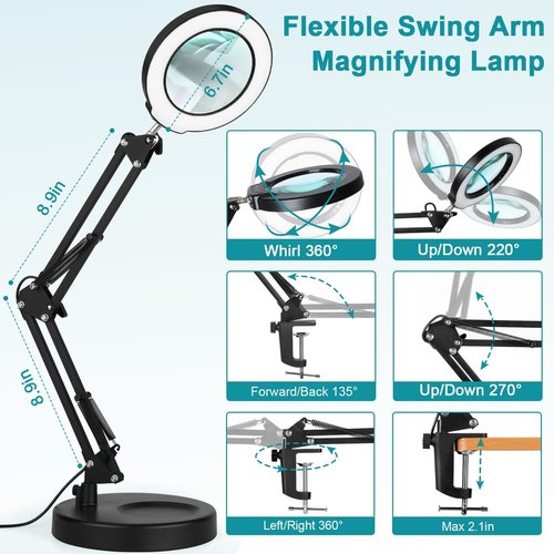 Seylae 10X Magnifying Glass with Light - 2-in-1 Desk Lamp & Clamp Light | 5 Color Modes, Dimmable LED