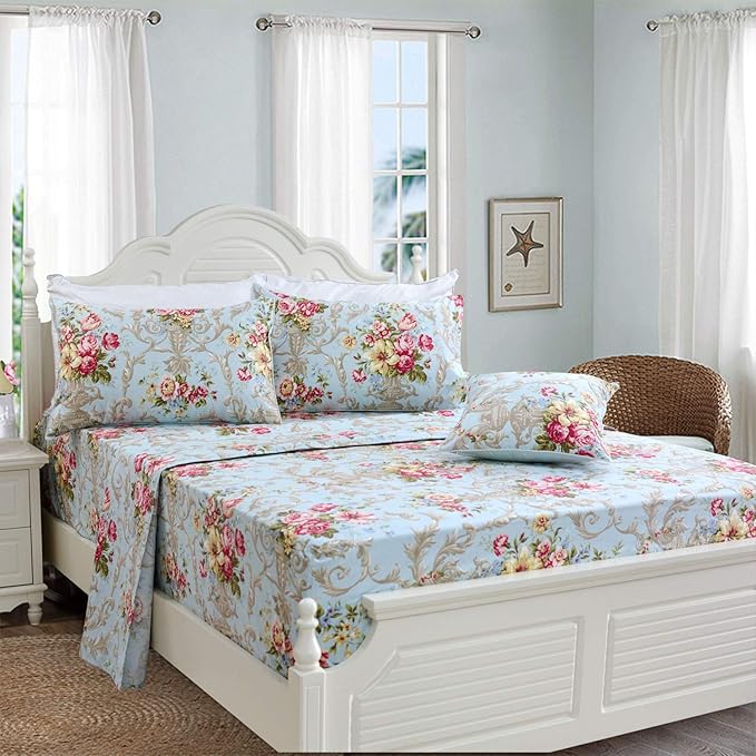 FADFAY Shabby Floral Bedding Elegant Peony Sheets Set Luxury Bedding Collections 800 Thread Count 100% Egyptian Cotton Deep Pocket, 4 Piece-Full Size