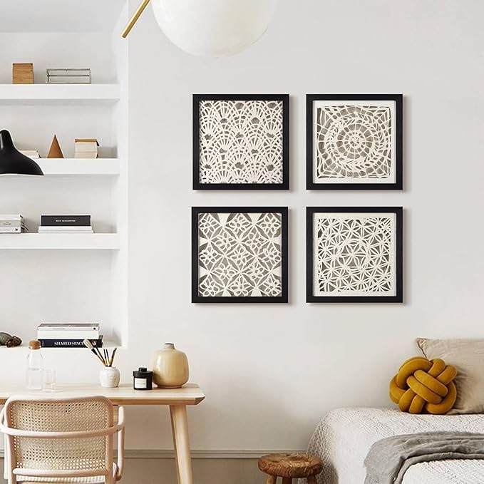 FOLKOR Black and White Abstract Wall Decor for Entryway Staircase Art Gallery, 12" Handmade Paper Artwork Eclectic Home Accent, Geometric Floating Shadow Box Wall Plaque Gift for Birthday Thanksgiving