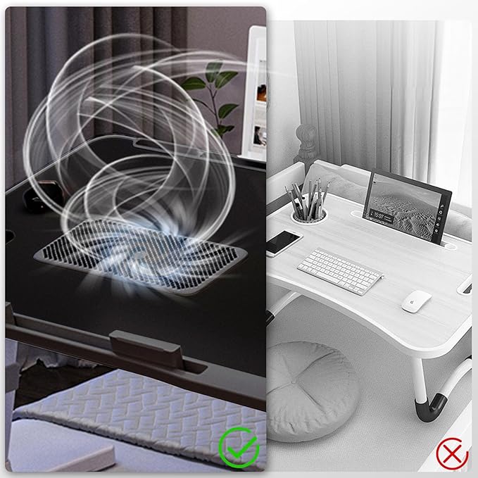 iXTRA Laptop Lap Desk with Cooling Fan - Adjustable with Light, USB, Storage Drawer - Folding Bed Desk,23.62"*15.74",Black