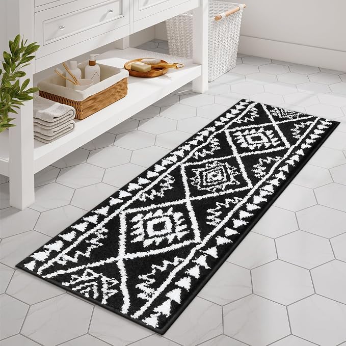 Uphome Boho Bathroom Runner Rug Black Tribal Long Bathroom Rug Western Non-Slip Washable Bath Mat Luxury Soft Absorbent Modern Bath Rugs for Shower Kids Room Entryway, 18x47 inch