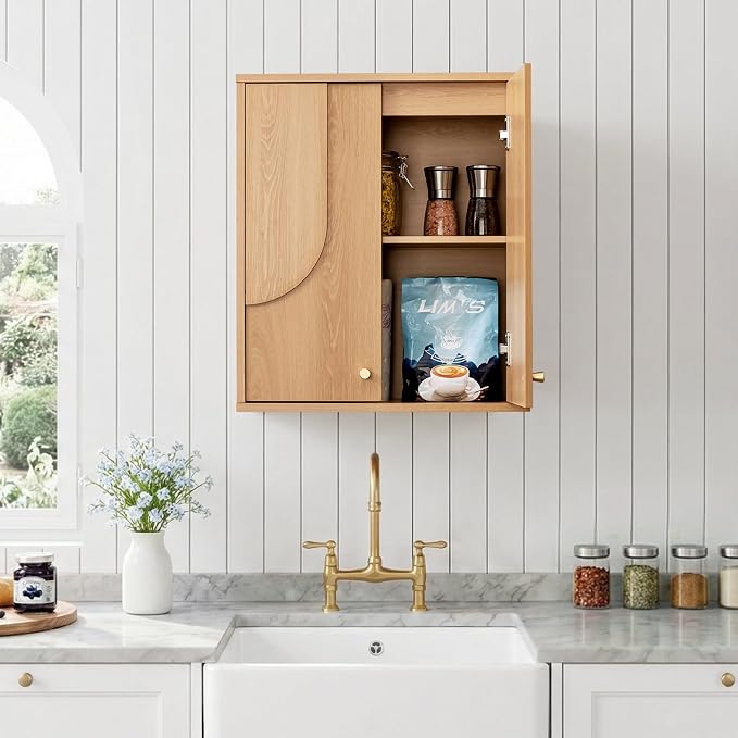 VANIRROR Arched Wood Medicine Cabinet with Soft Close - Premium 25 Lbs Japandi Wall Cabinet - French Cleat Over The Toilet Organizer for Bathroom, Coffee Bar & Entryway