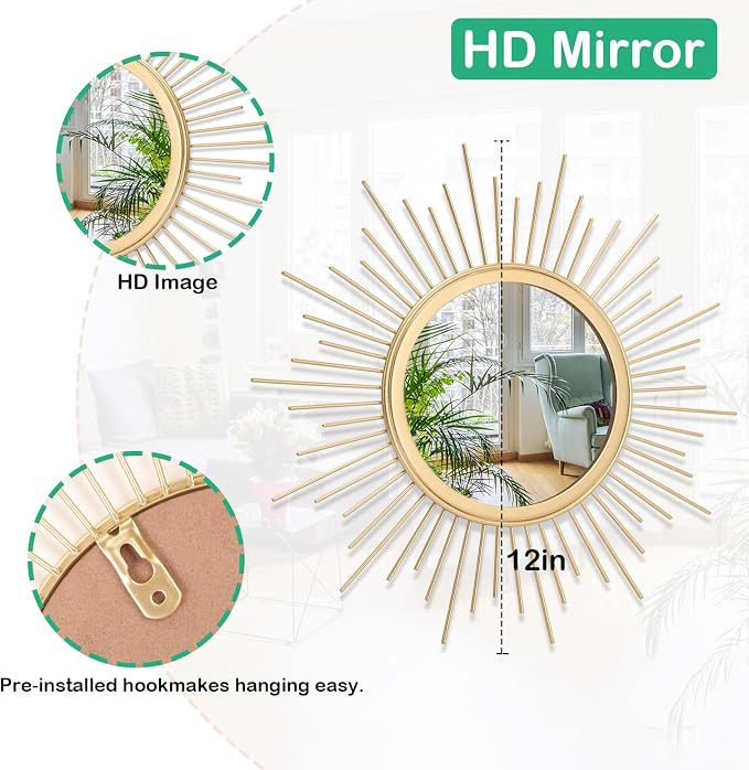 3 Pack Metal Mirrors for Wall Gold Sunburst Wall Mirrors Home Décor Art Decorative Modern Bohemian Hanging Wall Art for Living Room Bedroom Bathroom Entryway Small 12''