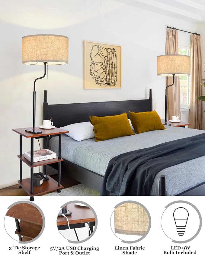 ELYONA Rubber Wood Floor Lamp with Table, Rustic End Table Lamp with USB & Type C Charging Port & Outlet, 3-Tier Shelf Nightstand Tall Standing Lamp for Living Room, Bedroom, Office, LED Bulb Included
