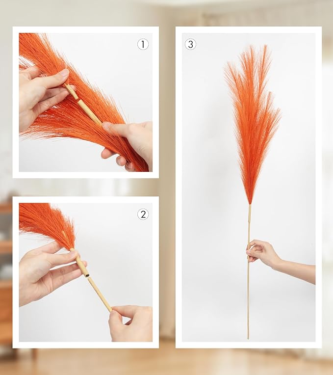 9 Pcs 45" Tall Pampas Grass Orange Decor, Long Stem Artificial Flower Floor Vase Large Faux Floral Pompas Fake Plants Dried Bouquet Arrangement Vase Filler for Boho Home Wedding Decoration