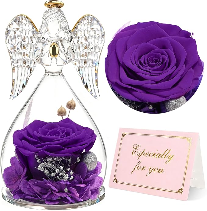 Yamonic Mom Birthday Gifts for Mom Grandma, Angel Figurines with Real Rose Gifts for Women Moms, Preserved Flowers Rose Glass Angel for Mothers Day Christmas Valentine's Day Gifts for Her(Purple)